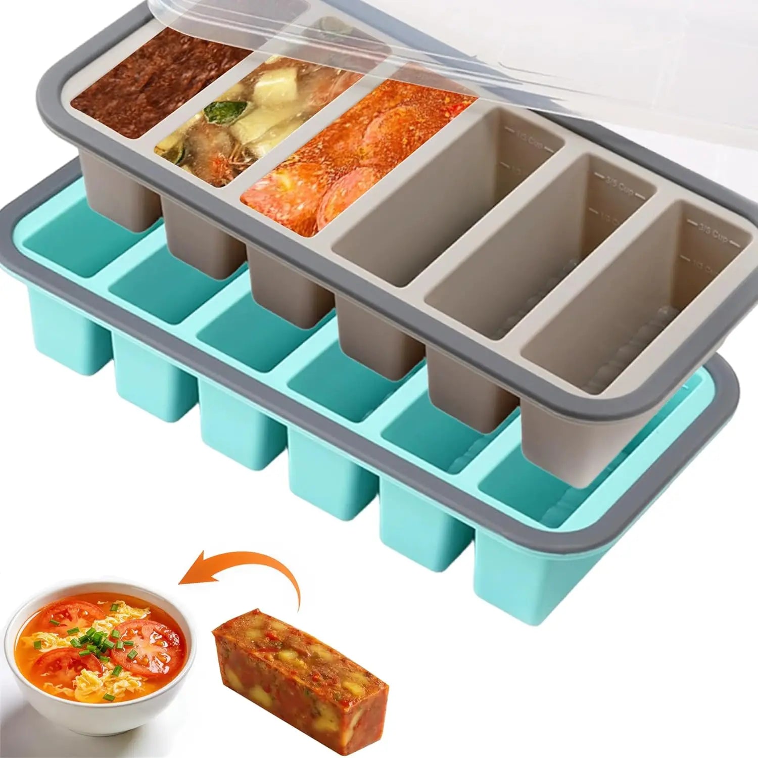 Silicone Freezer Trays with Lids – Soup, Meal Prep, Broth, Sauce & Leftovers Storage (6 compartments - 3/5 Cup) My Store