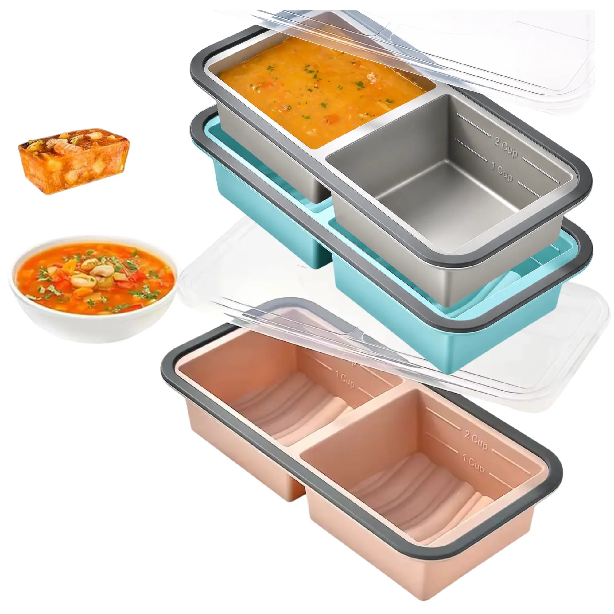 Silicone Freezer Trays with Lids – Soup, Meal Prep, Broth, Sauce & Leftovers Storage (2 compartments - 2 Cups) My Store