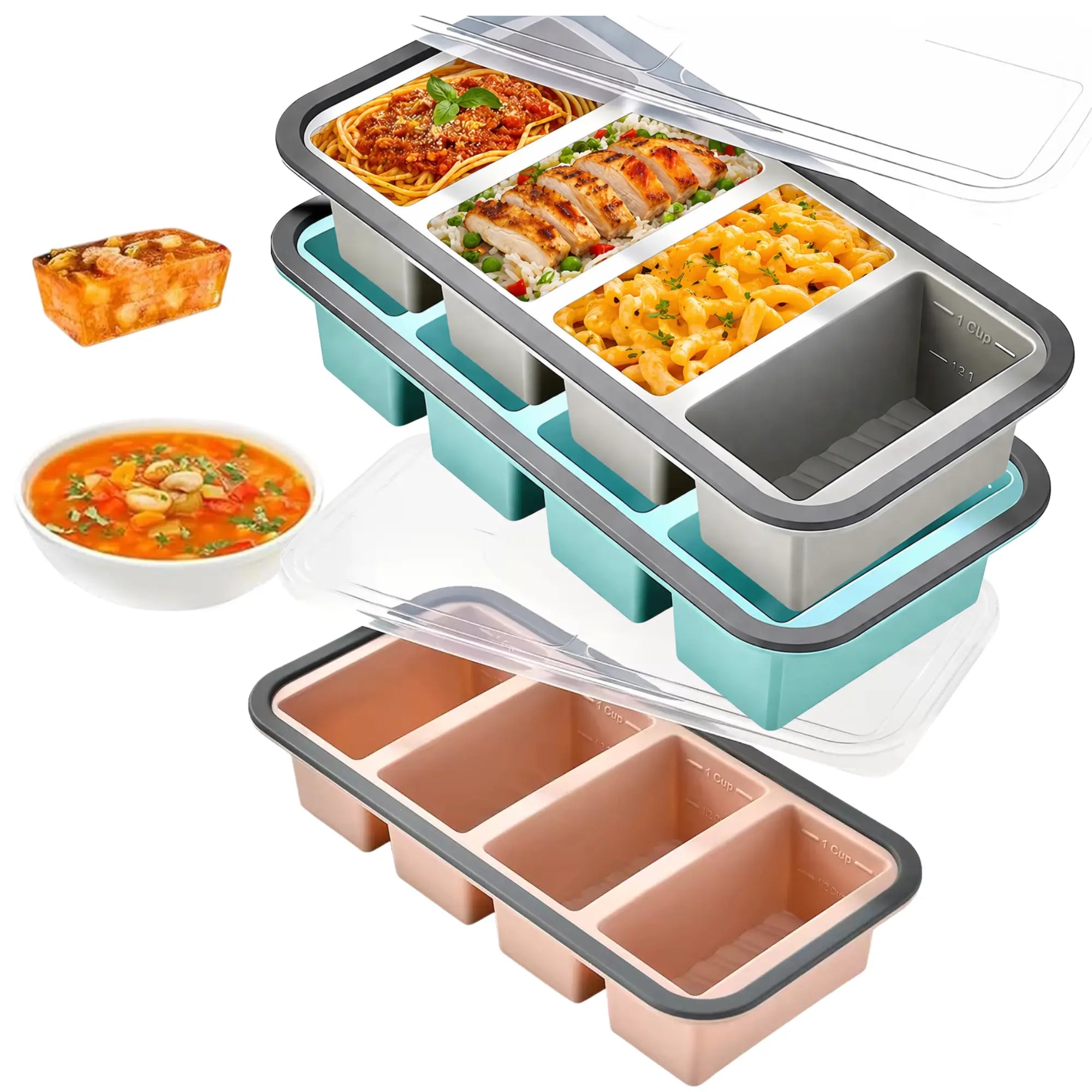 Silicone Freezer Trays with Lids – Soup, Meal Prep, Broth, Sauce & Leftovers Storage (4 compartments - 1 Cup) My Store
