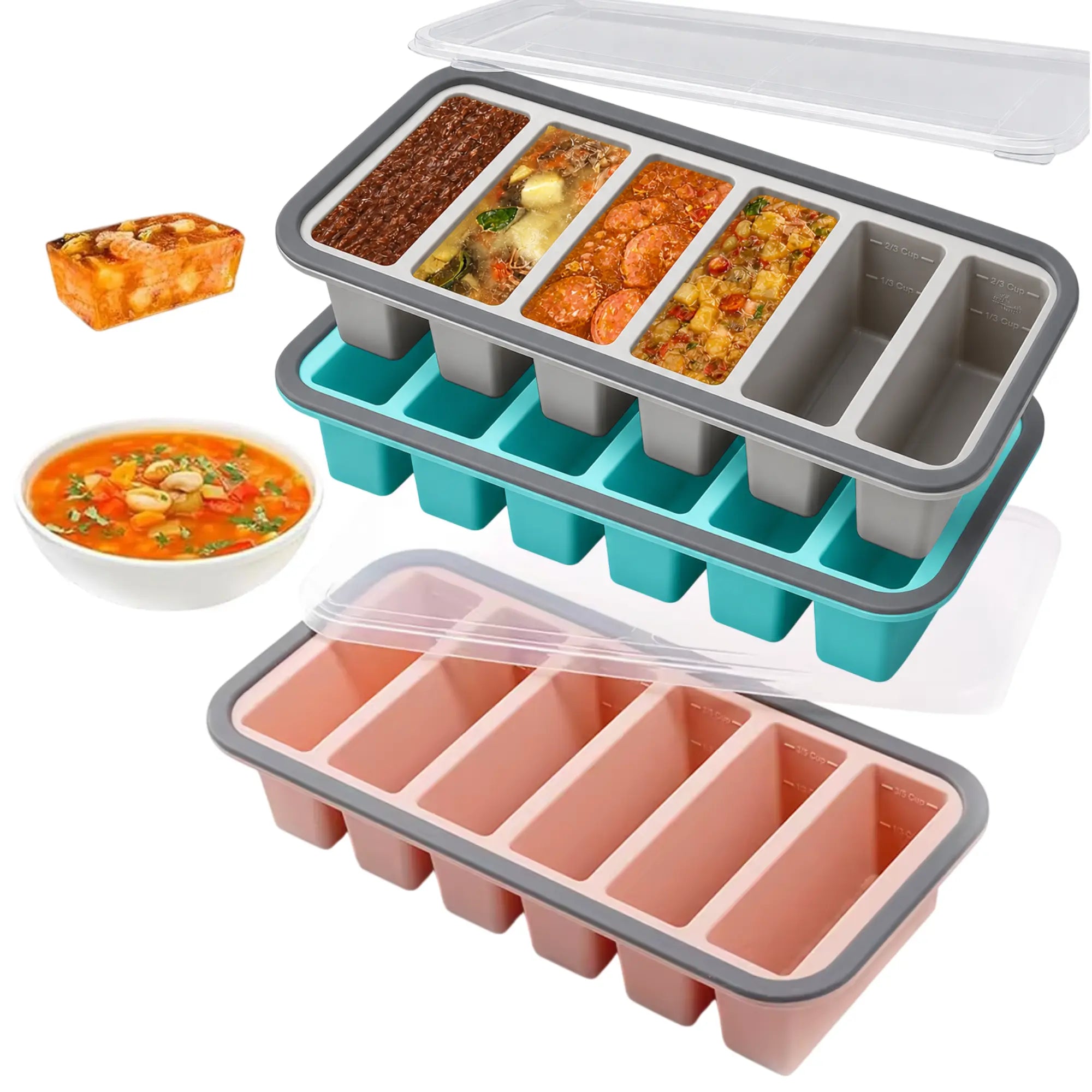 Silicone Freezer Trays with Lids – Soup, Meal Prep, Broth, Sauce & Leftovers Storage (6 compartments - 3/5 Cup) My Store