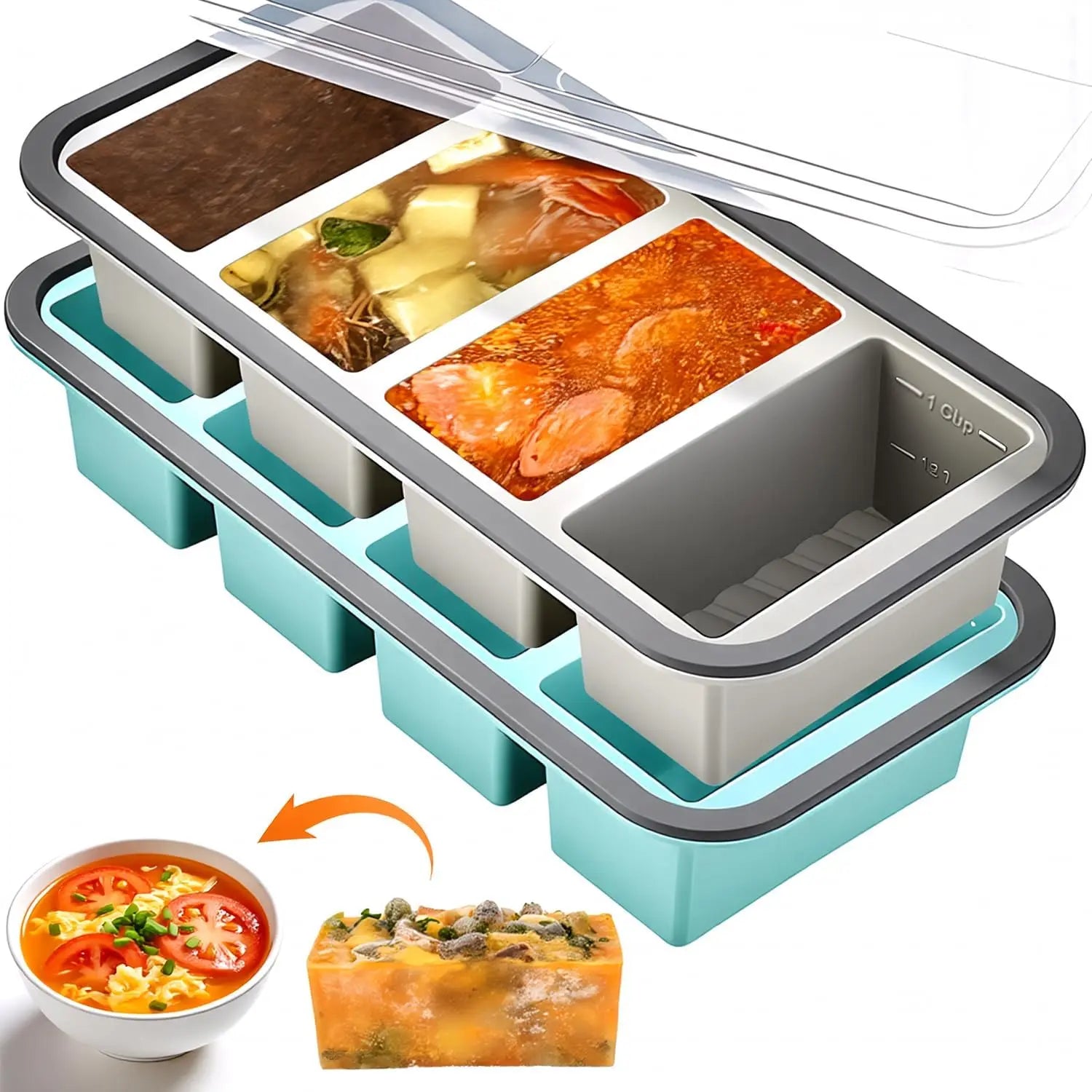 Silicone Freezer Trays with Lids – Soup, Meal Prep, Broth, Sauce & Leftovers Storage (4 compartments - 1 Cup) My Store