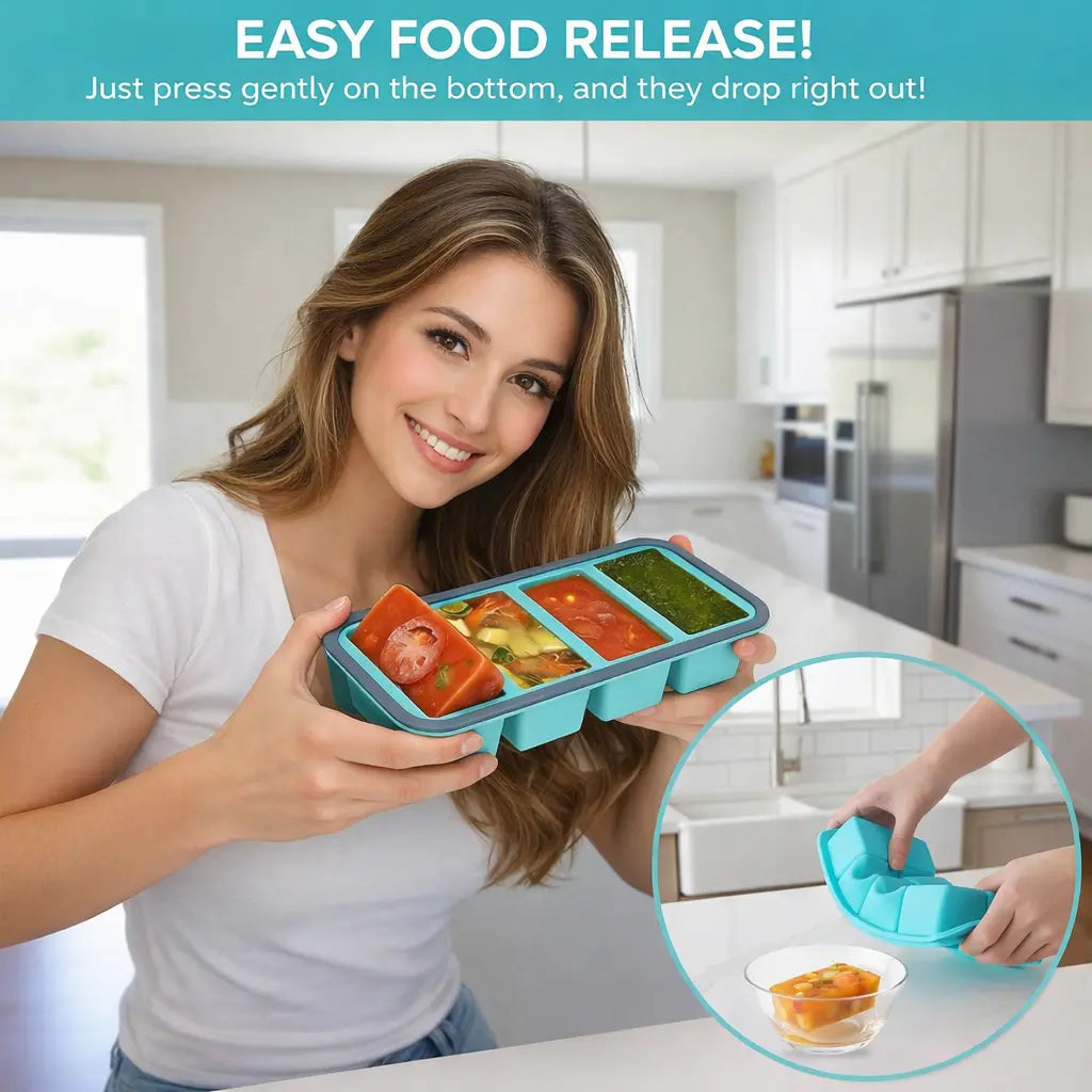 Silicone Freezer Trays with Lids – Soup, Meal Prep, Broth, Sauce & Leftovers Storage (4 compartments - 1 Cup) My Store