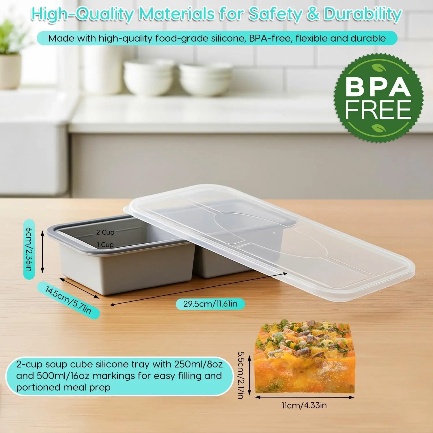 Silicone Freezer Trays with Lids – Soup, Meal Prep, Broth, Sauce & Leftovers Storage (2 compartments - 2 Cups) My Store
