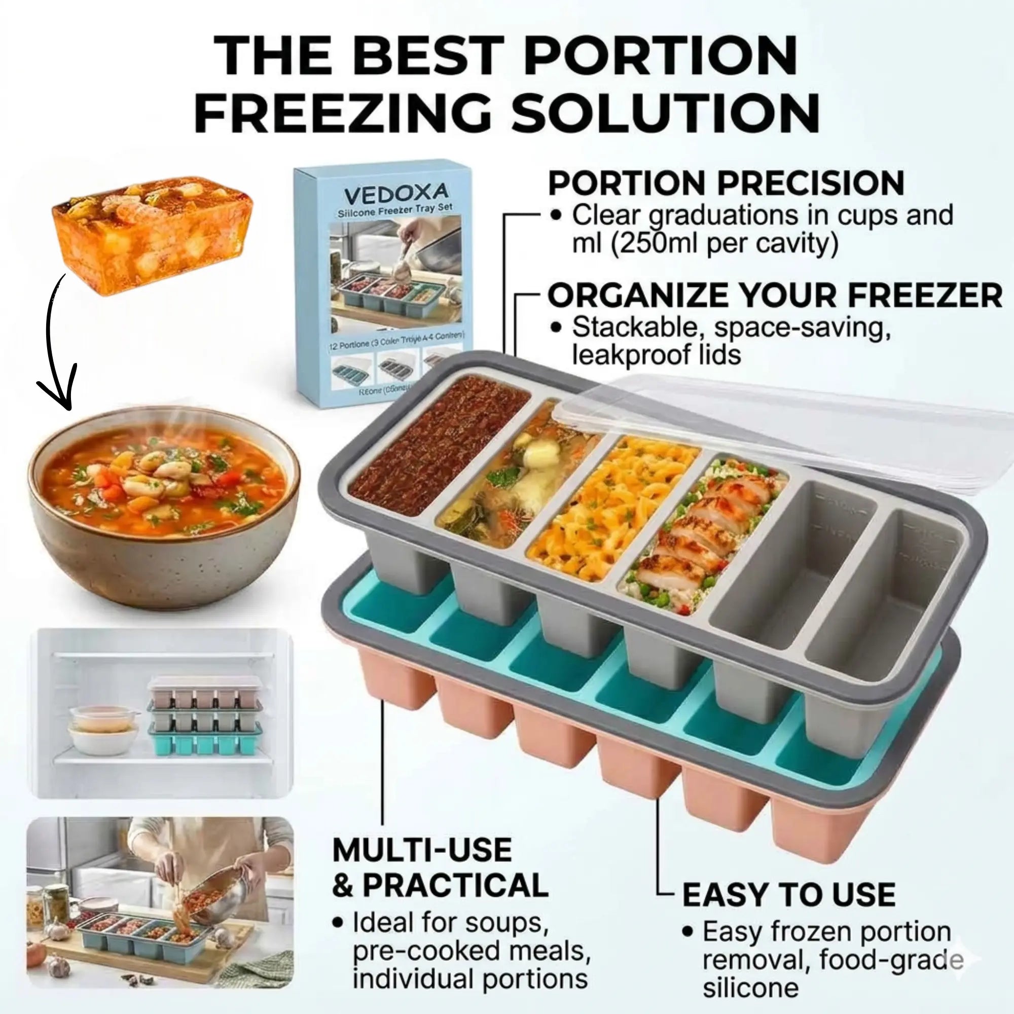 Silicone Freezer Trays with Lids – Soup, Meal Prep, Broth, Sauce & Leftovers Storage (2 compartments - 2 Cups) My Store